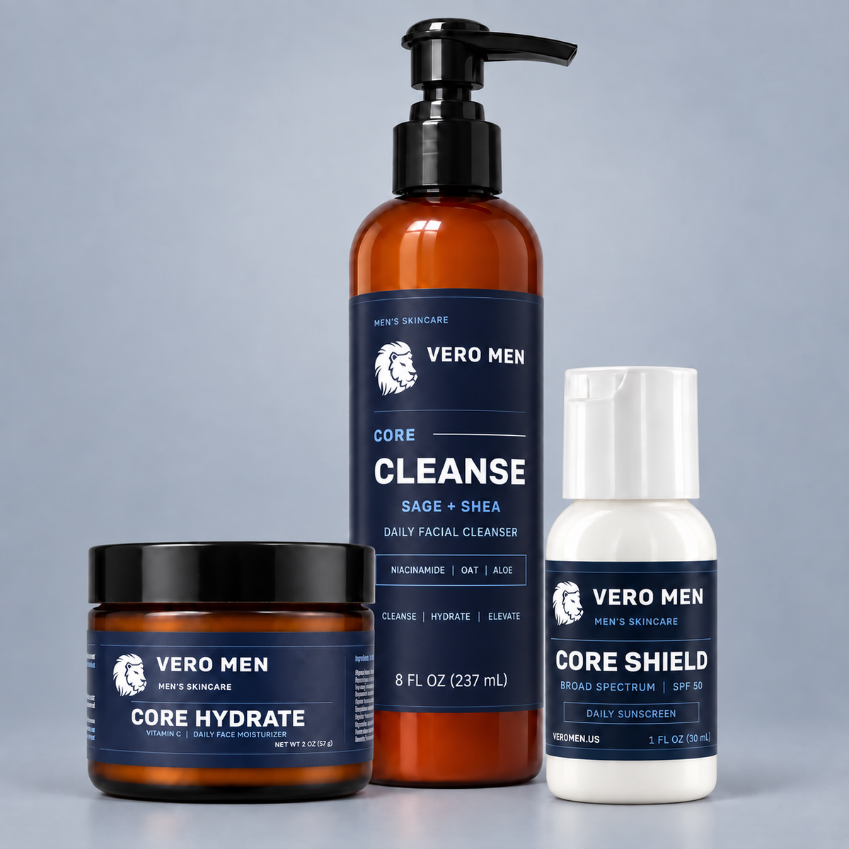 Vero Men Core Cleanse, Core Hydrate and Core Shield together